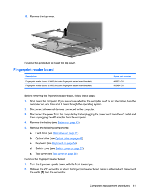 Page 6912.Remove the top cover.
Reverse this procedure to install the top cover.
Fingerprint reader board
DescriptionSpare part number
Fingerprint reader board dv3000 (includes fingerprint reader board bracket)468831-001
Fingerprint reader board dv3500 (includes fingerprint reader board bracket) 502464-001
Before removing the fingerprint reader board, follow these steps:
1.Shut down the computer. If you are unsure whether the computer is off or in Hibernation, turn the
computer on, and then shut it down through...