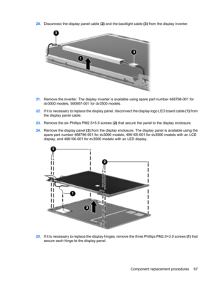 Page 7520.Disconnect the display panel cable (2) and the backlight cable (3) from the display inverter.
21.Remove the inverter. The display inverter is available using spare part number 468798-001 for
dv3000 models, 500957-001 for dv3500 models.
22.If it is necessary to replace the display panel, disconnect the display logo LED board cable (1) from
the display panel cable.
23.Remove the six Phillips PM2.5×5.0 screws (2) that secure the panel to the display enclosure.
24.Remove the display panel (3) from the...