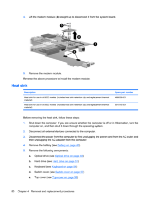 Page 884.Lift the modem module (4) straight up to disconnect it from the system board.
5.Remove the modem module.
Reverse the above procedure to install the modem module.
Heat sink
DescriptionSpare part number
Heat sink for use in dv3000 models (includes heat sink retention clip and replacement thermal
material)468829-001
Heat sink for use in dv3500 models (includes heat sink retention clip and replacement thermal
material)501015-001
Before removing the heat sink, follow these steps:
1.Shut down the computer....