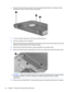 Page 724.Remove the WLAN antenna cables from the channel (2) located between the wireless module
compartment and the memory module compartment.
5.Turn the computer right-side up, with the rear panel toward you.
6.Open the computer as far as possible.
7.Disconnect the display panel cable (1) from the system board and remove the cable from the cavity
between the system board and the display left hinge.
8.Disconnect the webcam/microphone module cable (2) from the system board.
9.Remove the WLAN antenna cables (3)...