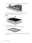 Page 1344.Disconnect all display panel cables (1) from the display inverter and remove the inverter (2).
5.Remove all screws (1) that secure the display panel assembly to the display enclosure.
6.Remove the display panel assembly (2) from the display enclosure.
7.Turn the display panel assembly upside down.
8.Remove all screws that secure the display panel frame to the display panel.
9.Use a sharp-edged tool to cut the tape (1) that secures the sides of the display panel to the display
panel frame.
126 Chapter...