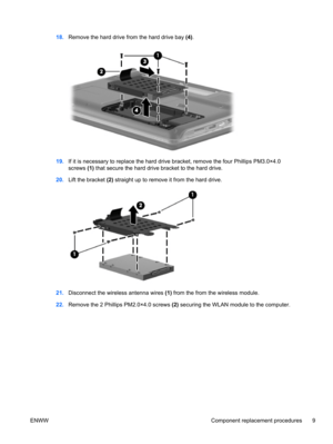 Page 1518.Remove the hard drive from the hard drive bay (4).
19.If it is necessary to replace the hard drive bracket, remove the four Phillips PM3.0×4.0
screws (1) that secure the hard drive bracket to the hard drive.
20.Lift the bracket (2) straight up to remove it from the hard drive.
21.Disconnect the wireless antenna wires (1) from the from the wireless module.
22.Remove the 2 Phillips PM2.0×4.0 screws (2) securing the WLAN module to the computer.
ENWW Component replacement procedures 9 