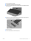 Page 1727.Open the computer as far as possible.
28.Lift the rear edge of the keyboard (1) until it rests at an angle.
29.Release the keyboard (2) by sliding it back to disengage the tabs on the front edge of the keyboard
from the top cover.
30.Release the zero insertion force (ZIF) connector (1) to which the keyboard cable is attached and
disconnect the keyboard cable (2) from the system board.
31.Remove the keyboard.
32.Turn the computer upside down, with the front toward you.
ENWW Component replacement...