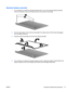 Page 21Standard display assembly
1.If it is necessary to replace the standard display bezel or any of the standard display assembly
internal components, remove the following screw covers (1) and screws (2).
2.Flex the inside edges of the top (1) and sides (2) of the display bezel until the bezel disengages
from the display enclosure.
3.Swing the bezel forward (3), and remove the display bezel (4). 
4.If it is necessary to replace the standard display inverter, release the display inverter (1) from the
display...