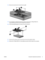 Page 1518.Remove the hard drive from the hard drive bay (4).
19.If it is necessary to replace the hard drive bracket, remove the four Phillips PM3.0×4.0
screws (1) that secure the hard drive bracket to the hard drive.
20.Lift the bracket (2) straight up to remove it from the hard drive.
21.Disconnect the wireless antenna wires (1) from the from the wireless module.
22.Remove the 2 Phillips PM2.0×4.0 screws (2) securing the WLAN module to the computer.
ENWW Component replacement procedures 9 