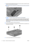 Page 1623.Remove the WLAN module (3) by pulling it away from the slot at an angle. (The edge of the module
opposite the slot rises away from the computer.)
NOTE:WLAN modules are designed with a notch (4) to prevent incorrect insertion into the WLAN
module slot.
CAUTION:The WWAN module and the WLAN module are not interchangeable.
CAUTION:To prevent an unresponsive system, replace the wireless module only with a wireless
module authorized for use in the computer by the governmental agency that regulates wireless...