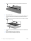 Page 225.Disconnect the display panel cable (2) and the backlight cable (3) from the display inverter.
6.Remove the display inverter.
7.If it is necessary to replace the standard display panel, remove the four Phillips PM2.5×6.0 screws
(1), and the four Phillips PM2.5×4.0 screws (2) that secure the display panel to the display
enclosure. 
8.Lift the display panel out of the display enclosure (3), and disconnect the display LED cable (4).
9.If it is necessary to replace the standard display panel cable, release...