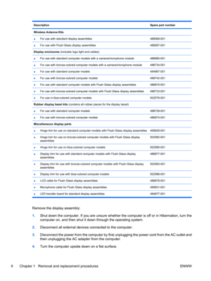 Page 12DescriptionSpare part number
Wireless Antenna Kits 
●For use with standard display assemblies489068-001
●For use with Flush Glass display assemblies489067-001
Display enclosures (includes logo light and cables) 
●For use with standard computer models with a camera/microphone module486890-001
●For use with bronze-colored computer models with a camera/microphone module496734-001
●For use with standard computer models494967-001
●For use with bronze-colored computer models496742-001
●For use with standard...