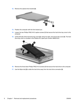 Page 1412.Remove the optical drive bracket (2).
13.Position the computer with the front toward you.
14.Loosen the two Phillips PM2.5×6.0 captive screws (1) that secure the hard drive bay cover to the
computer.
15.Lift the left side of the hard drive bay cover (2), swing it to right, and remove the cover (3). The hard
drive bay cover is included in the Plastics Kit, spare part number 486833-001.
16.Remove the three black Phillips PM2.0×4.0 screws (1) that secure the hard drive to the computer.
17.Use the Mylar...