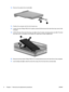 Page 1412.Remove the optical drive bracket (2).
13.Position the computer with the front toward you.
14.Loosen the two Phillips PM2.5×6.0 captive screws (1) that secure the hard drive bay cover to the
computer.
15.Lift the left side of the hard drive bay cover (2), swing it to right, and remove the cover (3). The hard
drive bay cover is included in the Plastics Kit, spare part number 486833-001.
16.Remove the three black Phillips PM2.0×4.0 screws (1) that secure the hard drive to the computer.
17.Use the Mylar...