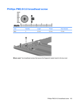 Page 151Phillips PM2.0×3.0 broadhead screw
ColorQuantityLengthThreadHead diameter
Black 2 3.0 mm 2.0 mm 7.0 mm
Where used: Two broadhead screws that secure the fingerprint reader board to the top cover
Phillips PM2.0×3.0 broadhead screw 143 