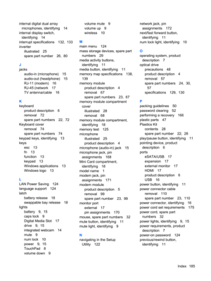 Page 193internal digital dual array
microphones, identifying 14
internal display switch,
identifying 14
interrupt specifications 132,  133
inverter
illustrated 25
spare part number 26,  80
J
jacks
audio-in (microphone) 15
audio-out (headphone) 15
RJ-11 (modem) 16
RJ-45 (network 17
TV antenna/cable 16
K
keyboard
product description 6
removal 72
spare part numbers 22,  72
Keyboard cover
removal 74
spare part numbers 74
keypad keys, identifying 13
keys
esc 13
fn 13
function 13
keypad 13
Windows applications 13...