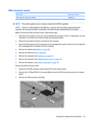 Page 87SIM connector board
DescriptionSpare part number
SIM module for models with WWAN 486845-001
NOTE:This section applies only to computer models with WWAN capability.
NOTE:If there is a SIM inserted in the SIM slot, it must be removed before disassembling the
computer. Be sure that the SIM is reinserted in the SIM slot after reassembling the computer.
Before removing the SIM connector board, follow these steps:
1.Shut down the computer. If you are unsure whether the computer is off or in Hibernation, turn...