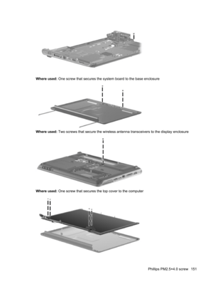 Page 159Where used: One screw that secures the system board to the base enclosure
Where used: Two screws that secure the wireless antenna transceivers to the display enclosure
Where used: One screw that secures the top cover to the computer
Phillips PM2.5×4.0 screw 151 