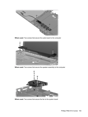 Page 161Where used: Two screws that secure the audio board to the computer
Where used: Two screws that secure the speaker assembly to the computer
Where used: Two screws that secure the fan to the system board
Phillips PM2.5×4.0 screw 153 