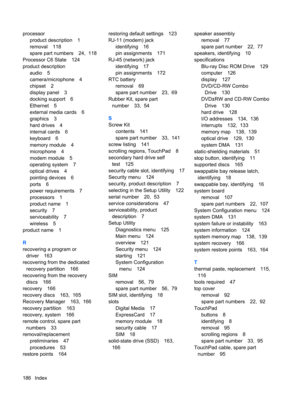 Page 194processor
product description 1
removal 118
spare part numbers 24,  118
Processor C6 State 124
product description
audio 5
camera/microphone 4
chipset 2
display panel 3
docking support 6
Ethernet 5
external media cards 6
graphics 3
hard drives 4
internal cards 6
keyboard 6
memory module 4
microphone 4
modem module 5
operating system 7
optical drives 4
pointing devices 6
ports 6
power requirements 7
processors 1
product name 1
security 7
serviceability 7
wireless 5
product name 1
R
recovering a program...
