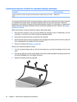 Page 78Camera/microphone module for standard display assembly
DescriptionSpare part number
Camera/microphone module (includes camera/microphone module bracket and 2-sided
tape)486876-001
If it has been determined that the camera/microphone module is the component that must be replaced
to complete the computer repair, the display assembly does not have to be removed. Follow the
procedures in this section to replace the camera/microphone module. For information on replacing the
display assembly and display...