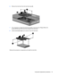 Page 696.Remove the hard drive from the hard drive bay (4).
7.If it is necessary to replace the hard drive bracket, remove the four Phillips PM3.0×4.0
screws (1) that secure the hard drive bracket to the hard drive.
8.Lift the bracket (2) straight up to remove it from the hard drive.
Reverse this procedure to reassemble and install the hard drive.
Component replacement procedures 61 