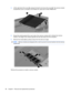 Page 763.Lift the right side of the cover (2), swing it to the left, and remove the cover (3). The memory module
compartment cover is included in the Plastics Kit, spare part number 486833-001.
4.Spread the retaining tabs (1) on each side of the memory module slot to release the memory
module. (The edge of the module opposite the slot rises away from the computer.)
5.Remove the module (2) by pulling it away from the slot at an angle.
NOTE:Memory modules are designed with a notch to prevent incorrect insertion...