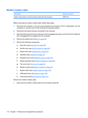 Page 120Modem module cable
DescriptionSpare part number
Modem module cable for use with computer models with Intel processors 494981-001
Before removing the modem module cable, follow these steps:
1.Shut down the computer. If you are unsure whether the computer is off or in Hibernation, turn the
computer on, and then shut it down through the operating system.
2.Disconnect all external devices connected to the computer.
3.Disconnect the power from the computer by first unplugging the power cord from the AC outlet...