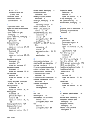 Page 192RJ-45 172
Universal Serial Bus
(USB) 174
connector, power 16
connectors, service
considerations 48
D
Diagnostics menu 125
digital dual array microphones,
identifying 14
Digital Media Slot light,
identifying 17
Digital Media Slot, identifying 17
diskette drive
precautions 48
display assembly
removal 80
spare part numbers 21,  80
display bezel
illustrated 25
release 70
spare part numbers 25,  80, 
84
display components
illustrated 25
recycling 177
spare part numbers 25
display enclosure
illustrated 25...