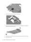 Page 1162.Disconnect the power connector cable from the system board.
3.Remove the two Phillips PM1.5×9.0 slotted screws (1), and the Phillips PM2.5×4.0 screw (2) that
secure the system board to the computer.
4.Use the optical drive connector (1) to lift the right side of the system board until it rests at an angle.
5.Lift the system board (2).
108 Chapter 4   Removal and replacement procedures 