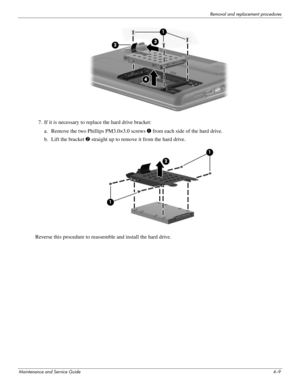 Page 51Removal and replacement procedures
Maintenance and Service Guide4–9
7. If it is necessary to replace the hard drive bracket:
a. Remove the two Phillips PM3.0×3.0 screws 1 from each side of the hard drive. 
b. Lift the bracket 2 straight up to remove it from the hard drive. 
Reverse this procedure to reassemble and install the hard drive.  