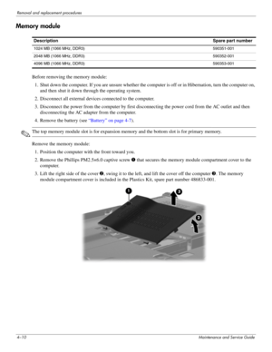 Page 524–10Maintenance and Service Guide
Removal and replacement procedures
Memory module
Before removing the memory module: 
1. Shut down the computer. If you are unsure whether the computer is off or in Hibernation, turn the computer on, 
and then shut it down through the operating system. 
2. Disconnect all external devices connected to the computer. 
3. Disconnect the power from the computer by first disconnecting the power cord from the AC outlet and then 
disconnecting the AC adapter from the computer....