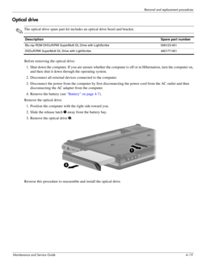 Page 61Removal and replacement procedures
Maintenance and Service Guide4–19
Optical drive
✎The optical drive spare part kit includes an optical drive bezel and bracket. 
Before removing the optical drive: 
1. Shut down the computer. If you are unsure whether the computer is off or in Hibernation, turn the computer on, 
and then shut it down through the operating system. 
2. Disconnect all external devices connected to the computer. 
3. Disconnect the power from the computer by first disconnecting the power cord...