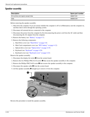 Page 684–26Maintenance and Service Guide
Removal and replacement procedures
Speaker assembly
Before removing the speaker assembly: 
1. Shut down the computer. If you are unsure whether the computer is off or in Hibernation, turn the computer on, 
and then shut it down through the operating system. 
2. Disconnect all external devices connected to the computer. 
3. Disconnect the power from the computer by first disconnecting the power cord from the AC outlet and then 
disconnecting the AC adapter from the...