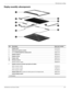 Page 32Illustrated parts catalog
Maintenance and Service Guide3–9
Display assembly subcomponents
ItemDescriptionSpare part number
1Display bezel573197-001
2Webcam/microphone module 573195-001
314.1-in WXGA BrightView display panel 483261-001
4Display hinge kit486894-001
5Display inverter 486736-001
6aDisplay cable486878-001
6bWireless antenna594105-001
Wireless antenna cables489068-001
7Display enclosure (includes logo light and cables)
Black computer models518799-001
White computer models518825-001
Plaid...