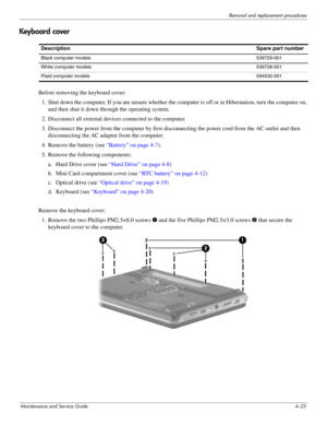 Page 65Removal and replacement procedures
Maintenance and Service Guide4–23
Keyboard cover
Before removing the keyboard cover: 
1. Shut down the computer. If you are unsure whether the computer is off or in Hibernation, turn the computer on, 
and then shut it down through the operating system. 
2. Disconnect all external devices connected to the computer. 
3. Disconnect the power from the computer by first disconnecting the power cord from the AC outlet and then 
disconnecting the AC adapter from the computer....