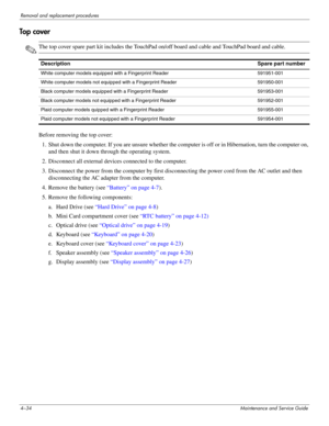 Page 764–34Maintenance and Service Guide
Removal and replacement procedures
Top cover
✎The top cover spare part kit includes the TouchPad on/off board and cable and TouchPad board and cable.
Before removing the top cover: 
1. Shut down the computer. If you are unsure whether the computer is off or in Hibernation, turn the computer on, 
and then shut it down through the operating system. 
2. Disconnect all external devices connected to the computer. 
3. Disconnect the power from the computer by first...