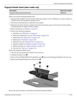 Page 81Removal and replacement procedures
Maintenance and Service Guide4–39
Fingerprint Reader board (select models only)
Before removing the Fingerprint Reader board: 
1. Shut down the computer. If you are unsure whether the computer is off or in Hibernation, turn the computer on, 
and then shut it down through the operating system. 
2. Disconnect all external devices connected to the computer. 
3. Disconnect the power from the computer by first disconnecting the power cord from the AC outlet and then...