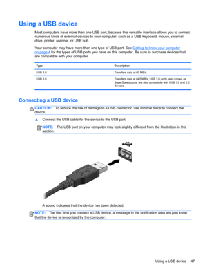 Page 57Using a USB device
Most computers have more than one USB port, because this versatile interface allows you to connect
numerous kinds of external devices to your computer, such as a USB keyboard, mouse, external
drive, printer, scanner, or USB hub.
Your computer may have more than one type of USB port. See 
Getting to know your computer
on page 4 for the types of USB ports you have on this computer. Be sure to purchase devices that
are compatible with your computer.
Type Description
USB 2.0 Transfers data...
