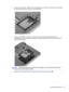 Page 672.Using the cable tab (1), carefully lift up and disconnect the hard drive cable from the computer,
and then pull the cable out from the routing clips (2).
3.Using a small Phillips screwdriver, remove the 2 hard drive mounting screws (1), and
corresponding screw mounting hardware (2). Using the tab (3), lift and remove the hard drive
assembly from the bay.
NOTE:After removing the hard drive from the computer, you must remove the hard drive
bracket to access the hard drive itself.
4.Spread the soft-molded...