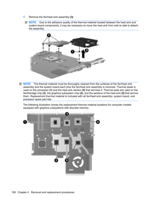 Page 1087.Remove the fan/heat sink assembly (3).
NOTE:Due to the adhesive quality of the thermal material located between the heat sink and
system board components, it may be necessary to move the heat sink from side to side to detach
the assembly.
NOTE:The thermal material must be thoroughly cleaned from the surfaces of the fan/heat sink
assembly and the system board each time the fan/heat sink assembly is removed. Thermal paste is
used on the processor (1) and the heat sink section (2) that services it....