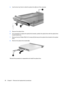 Page 644.Use the disc tray frame to slide the optical drive (3) out of the computer.
5.Remove the optical drive.
6.If it is necessary to replace the optical drive bracket, position the optical drive with the optical drive
bracket toward you.
7.Remove the two Phillips PM2.0×4.0 screws (1) that secure the optical drive bracket to the optical
drive.
8.Remove the optical drive bracket (2).
Reverse this procedure to reassemble and install the optical drive.
56 Chapter 4   Removal and replacement procedures 