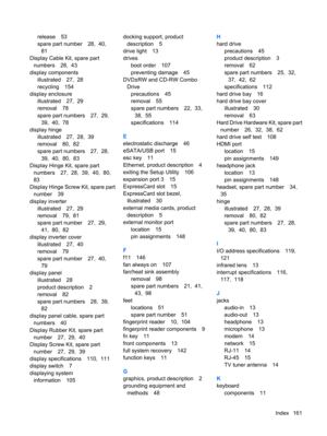 Page 169release 53
spare part number 28,  40, 
81
Display Cable Kit, spare part
numbers 28,  43
display components
illustrated 27,  28
recycling 154
display enclosure
illustrated 27,  29
removal 78
spare part numbers 27,  29, 
39,  40,  78
display hinge
illustrated 27,  28,  39
removal 80,  82
spare part numbers 27,  28, 
39,  40,  80,  83
Display Hinge Kit, spare part
numbers 27,  28,  39,  40,  80, 
83
Display Hinge Screw Kit, spare part
number 39
display inverter
illustrated 27,  29
removal 79,  81
spare part...