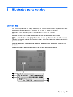 Page 253 Illustrated parts catalog
Service tag
The service tag, affixed to the bottom of the computer, provides information that may be needed when
troubleshooting system problems. The service tag provides the following information:
(1) Product name: This is the product name affixed to the front of the computer.
(2) Serial number (s/n): This is an alphanumeric identifier that is unique to each product.
(3) Part number/Product number (p/n): This number provides specific information about the products
hardware...