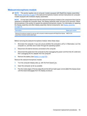 Page 61Webcam/microphone module
NOTE:This section applies only to computer models equipped with BrightView display assemblies.
See 
Display assembly on page 76 for webcam/microphone module removal instructions for computer
models equipped with AntiGlare display assemblies.
NOTE:If it has been determined that the webcam/microphone module is the component that must be
replaced to complete the computer repair, the display assembly does not have to be removed. Follow
the procedures in this section to replace the...