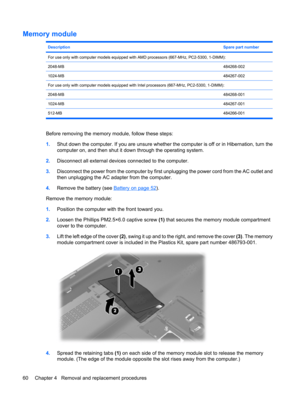 Page 68Memory module
DescriptionSpare part number
For use only with computer models equipped with AMD processors (667-MHz, PC2-5300, 1-DIMM):
2048-MB
484268-002
1024-MB484267-002
For use only with computer models equipped with Intel processors (667-MHz, PC2-5300, 1-DIMM):
2048-MB
484268-001
1024-MB484267-001
512-MB484266-001
Before removing the memory module, follow these steps:
1.Shut down the computer. If you are unsure whether the computer is off or in Hibernation, turn the
computer on, and then shut it down...