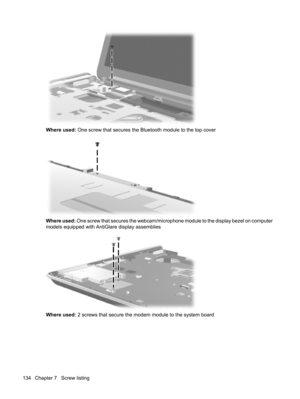 Page 142Where used: One screw that secures the Bluetooth module to the top cover
Where used: One screw that secures the webcam/microphone module to the display bezel on computer
models equipped with AntiGlare display assemblies
Where used: 2 screws that secure the modem module to the system board
134 Chapter 7   Screw listing 