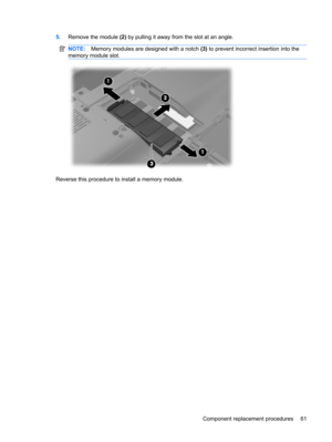 Page 695.Remove the module (2) by pulling it away from the slot at an angle.
NOTE:Memory modules are designed with a notch (3) to prevent incorrect insertion into the
memory module slot.
Reverse this procedure to install a memory module.
Component replacement procedures 61 