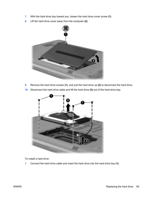 Page 757.With the hard drive bay toward you, loosen the hard drive cover screw (1).
8.Lift the hard drive cover away from the computer (2).
9.Remove the hard drive screws (1), and pull the hard drive up (2) to disconnect the hard drive.
10.Disconnect the hard drive cable and lift the hard drive (3) out of the hard drive bay.
To install a hard drive:
1.Connect the hard drive cable and insert the hard drive into the hard drive bay (1).
ENWWReplacing the hard drive 65 