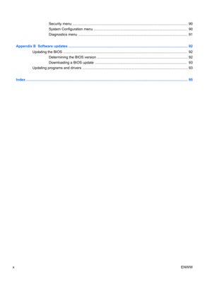 Page 10Security menu .................................................................................................................... 90
System Configuration menu ..............................................................................................  90
Diagnostics menu .............................................................................................................. 91
Appendix B  Software updates...