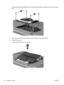 Page 762.Push the hard drive down (2) until the hard drive snaps into place, and replace the hard drive screws
(3).
3.Align the tabs on the hard drive cover with the notches on the computer (1).
4.Close the cover (2).
5.Tighten the hard drive cover screw (3).
66 Chapter 6   DrivesENWW 