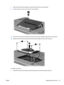 Page 757.With the hard drive bay toward you, loosen the hard drive cover screw (1).
8.Lift the hard drive cover away from the computer (2).
9.Remove the hard drive screws (1), and pull the hard drive up (2) to disconnect the hard drive.
10.Disconnect the hard drive cable and lift the hard drive (3) out of the hard drive bay.
To install a hard drive:
1.Connect the hard drive cable and insert the hard drive into the hard drive bay (1).
ENWWReplacing the hard drive 65 