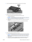 Page 838.Lift the memory/wireless module compartment cover (2) away from the computer.
9.Remove the memory module from the expansion memory slot:
a.Pull away the retention clips (1) on each side of the memory module.
The memory module tilts up.
CAUTION:To prevent damage to the memory module, hold the memory module by the
edges only. Do not touch the components on the memory module.
b.Grasp the edge of the memory module (2), and gently pull the module out of the memory
module slot.
To protect a memory module...