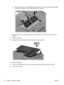 Page 84c.Gently press the memory module (3) down, applying pressure to both the left and right edges
of the memory module, until the retention clips snap into place.
11.Align the tabs (1) on the memory/wireless module compartment cover with the notches on the
computer.
12.Close the cover (2).
13.Tighten the memory/wireless module compartment cover screw (3).
14.Replace the battery.
15.Turn the computer right-side up, and then reconnect external power and external devices.
16.Turn on the computer.
74 Chapter 9...